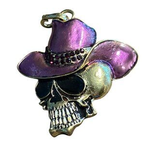 Purple Cowboy Hat Skull Pendant Necklace Charm Gold Tone Metal Rhinestone Accent